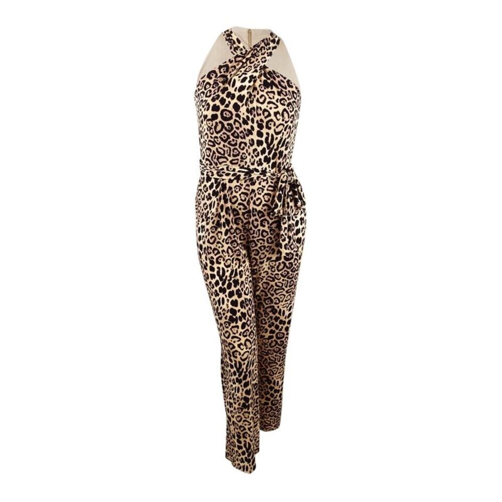 Tahari ASL Women's Animal-Print Halter Jumpsuit - Beige Black Leopard